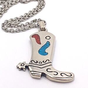 Silver Tone Western Cowboy Boot Pendant Faux Turquoise Coral Cowboy Carter